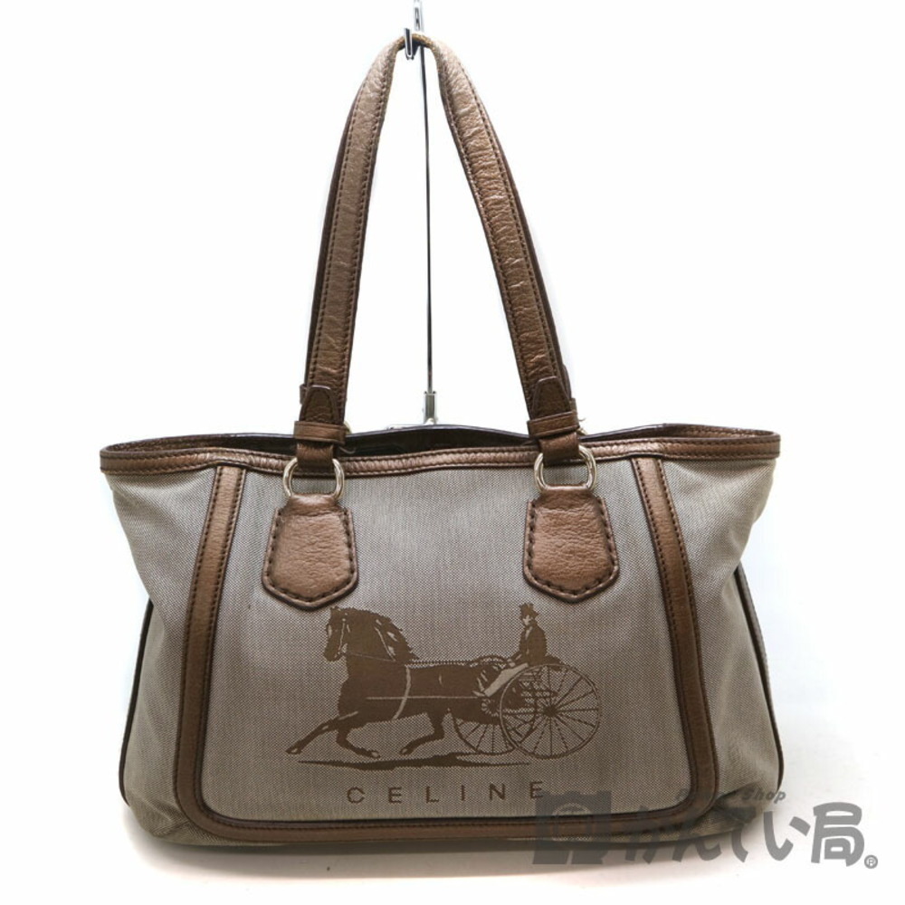CELINE logo bag canvas leather brown shoulder handbag tote